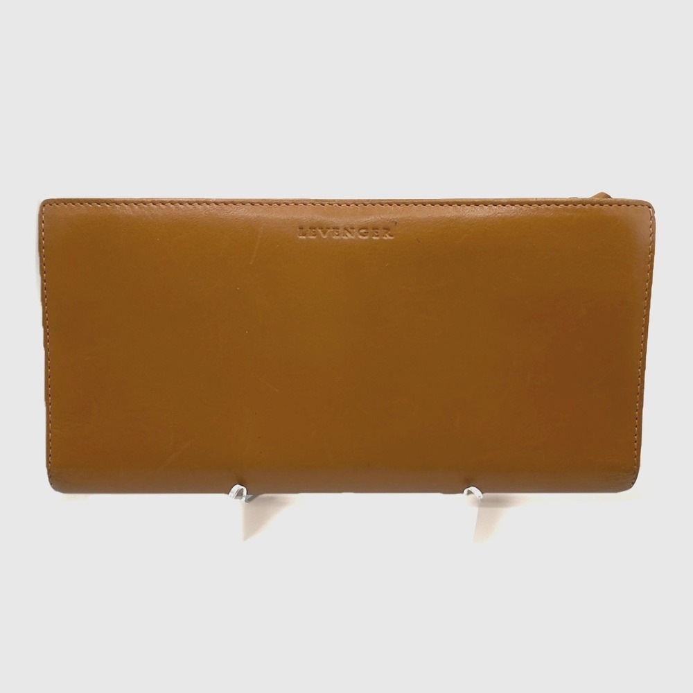 Levenger Leather Wallet Slim Brown Snap Closure 2 Zipper Compartments 12 Slots